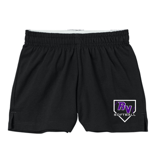 Royal Valley Panthers softball black jersey knit shorts with RV home plate lace softball logo on lower leg
