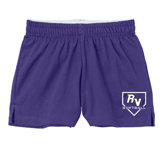 Royal Valley Panthers softball purple jersey knit shorts with RV home plate lace softball logo on lower leg