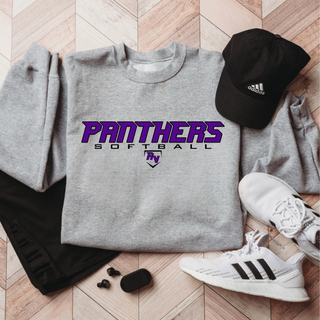 Royal Valley Panthers softball fastpitch graphic on ash grey crewneck styled flat lay