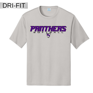 Royal Valley Panthers softball fastpitch performance dri fit t-shirt in silver with purple Panthers text softball lettering and RV logo on front