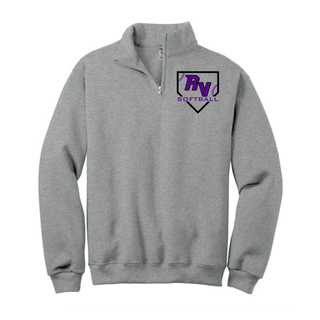 Oxford quarter zip sweatshirt with Royal Valley Panthers softball lace home plate graphic and RV logo on left chest