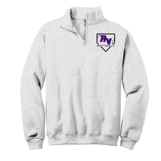 Ash grey quarter zip pullover featuring Royal Valley Panthers RV softball lace home plate graphic on front chest