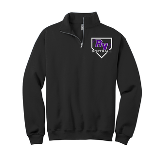 Black quarter zip sweatshirt with Royal Valley Panthers softball lace home plate graphic and RV logo on left chest