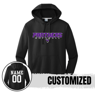 Black performance hoodie with Royal Valley Panthers Softball Fastpitch front graphic and optional custom name and number on back