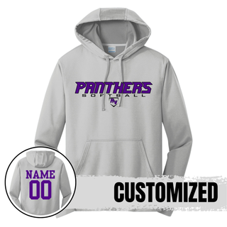 Silver performance hoodie with Royal Valley Panthers Softball Fastpitch text and RV logo on front
