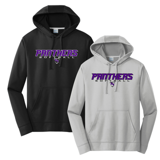 Black and silver performance hoodies with Royal Valley Panthers Softball Fastpitch text and RV logo on front