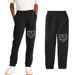 Black core fleece joggers with Royal Valley Panthers softball lace home plate graphic and RV logo on upper leg