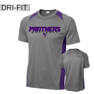 Grey and purple contender dri-fit short sleeve top with Royal Valley Panthers Softball Fastpitch graphic and RV logo on front, back view shown