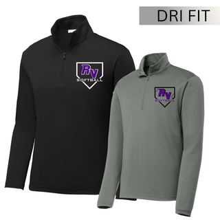 Black and grey dri fit quarter zip pullover with Royal Valley Panthers softball lace home plate graphic and RV logo on chest