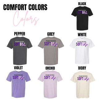Comfort Colors Panthers Softball shirts in multiple colors including pepper, grey, white, violet, orchid, and ivory with lace softball graphic