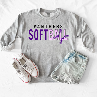 Ash grey crewneck sweatshirt with Panthers Softball text and purple softball lace graphic styled with denim shorts and white sneakers
