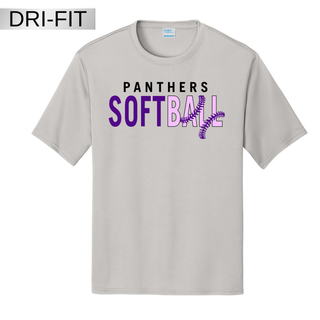 Silver dri-fit short sleeve shirt with Panthers Softball text and purple lace softball graphic