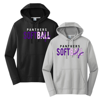 Black and silver performance hoodies with Panthers Softball text and purple lace softball graphic