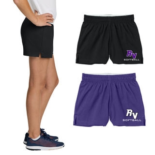 Royal Valley Panthers Softball RV logo performance shorts shown in black and purple