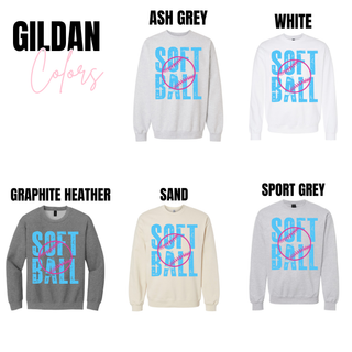 softball graphic sweatshirt in ash grey white graphite heather sand and sport grey with blue and pink softball design