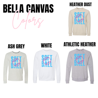softball graphic sweatshirt in heather dust ash grey white and athletic heather with blue and pink softball design