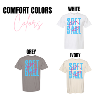 softball graphic shirt in white grey and ivory with blue distressed soft ball text and pink softball graphic