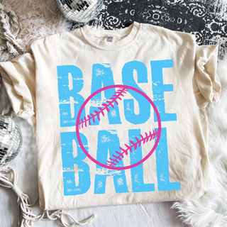baseball stacked distressed graphic on ivory comfort colors shirt with bold blue lettering and pink baseball overlay