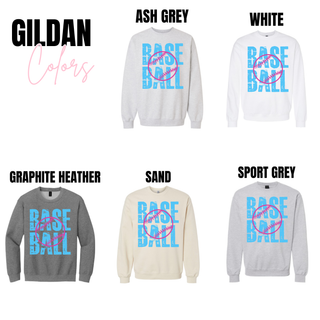 gildan baseball graphic sweatshirts in ash grey white graphite heather sand and sport grey with distressed blue stacked text and pink baseball design