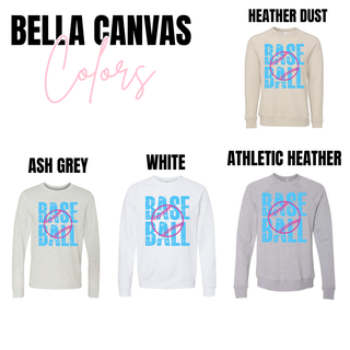 bella canvas baseball graphic sweatshirts in heather dust ash grey white and athletic heather with distressed stacked blue text and pink baseball design