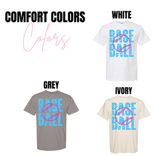 comfort colors baseball graphic shirts in white grey and ivory with distressed stacked blue text and pink baseball design