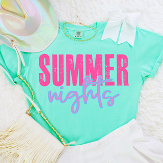 summer nights graphic shirt on chalky mint comfort colors tee with distressed pink lettering and purple script text styled with white shorts