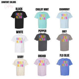 comfort colors fueled by alani graphic shirts in black white chalky mint chambray pepper grey ivory orchid and flo blue colors