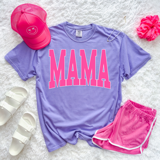 mama graphic shirt with bold pink varsity lettering on violet comfort colors top styled with shorts and accessories
