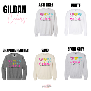 gildan softball bow graphic crewneck sweatshirt in ash grey white graphite heather sand and sport grey