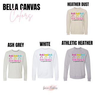 bella canvas softball bow graphic crewneck in heather dust ash grey white and athletic heather
