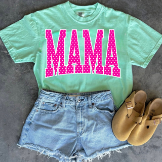 polka dot mama graphic shirt on mint comfort colors top styled with denim shorts