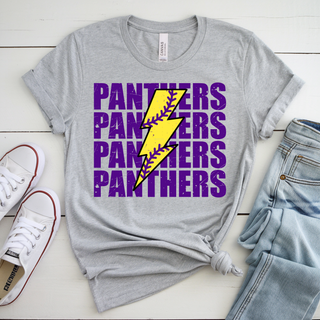royal valley panthers softball shirt purple graphic yellow lightning bolt grey top flat lay