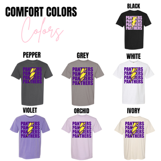 royal valley panthers softball shirt purple graphic yellow lightning bolt grey top flat lay