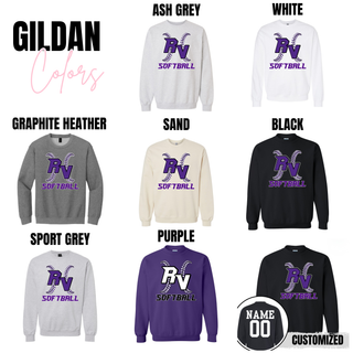 royal valley panthers softball gildan crewneck sweatshirt rv softball lace graphic purple lettering