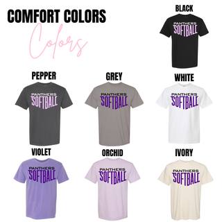 Comfort Colors Panthers Softball shirts in multiple color options with bold stacked Panthers Softball print