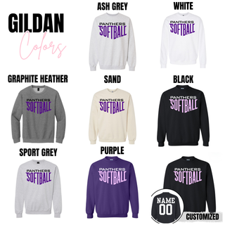Gildan Panthers Softball crewneck and long sleeve options featuring stacked lettering design in team colors