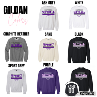 Royal Valley Panthers softball stripe bar graphic Gildan crewneck sweatshirts in multiple colors with customizable name and number on back
