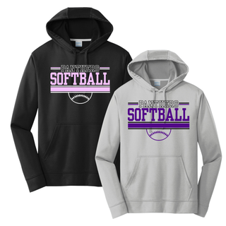 Royal Valley Panthers softball stripe bar graphic performance hoodie in black and silver featuring bold Panthers Softball lettering with stripe accents and softball detail