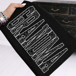 black on black grandma leopard checkered graphic top with bold outlined lettering detail