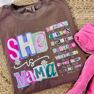 she is mama christian graphic top with colorful bible verse affirmations printed on brown shirt