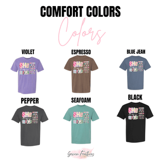 she is gigi christian graphic top with colorful scripture typography design on comfort colors shirt available in violet espresso blue jean pepper seafoam and black