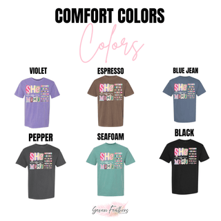 she is mimi christian graphic top shown on comfort colors shirts in violet espresso blue jean pepper seafoam and black