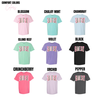 game day leopard camo checkered graphic top shown on comfort colors shirts in blossom chalky mint chambray island reef violet black crunchberry orchid and pepper