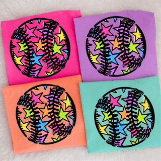 colorful star baseball softball graphic top on purple shirt with multicolor star ball design