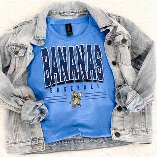 bananas baseball graphic top banana character holding bat blue tee
