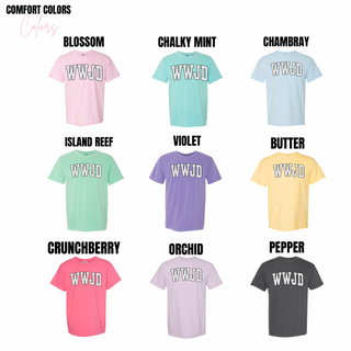 wwjd christian graphic top comfort colors options blossom mint chambray island reef violet butter crunchberry orchid pepper tees