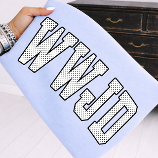 wwjd christian graphic top dotted varsity lettering light blue comfort colors tee lifestyle photo