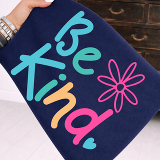 be kind graphic top colorful handwritten lettering flower design navy sweatshirt lifestyle photo