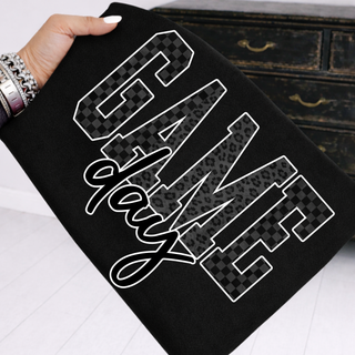 checkered leopard game day graphic top black tonal lettering sweatshirt lifestyle photo