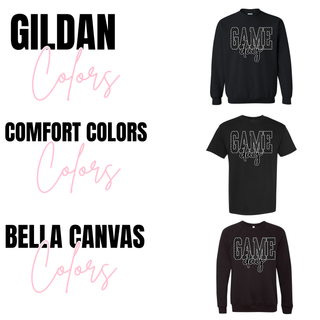 checkered leopard game day graphic top black sweatshirt tee and crewneck options gildan comfort colors bella canvas